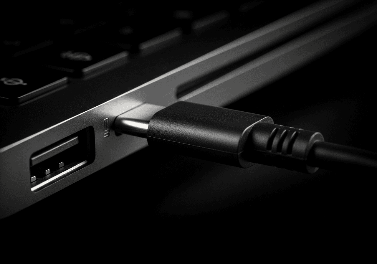 Câble USB-C connecté à un port de laptop