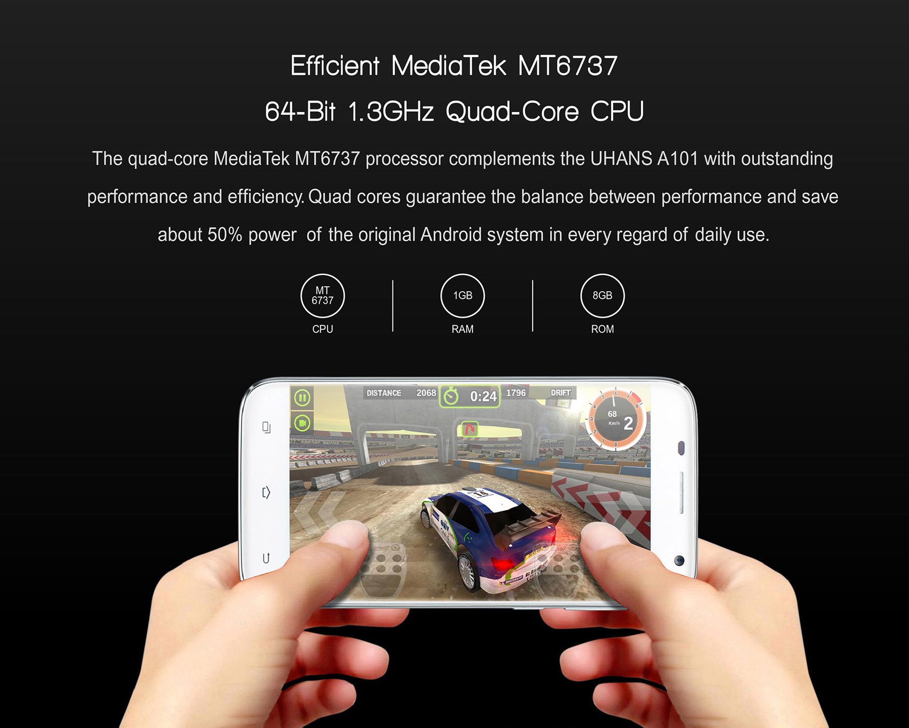 Le Uhans A101 dispose d'un processeur Quad-core Mediatek MT6737 qui garantit équilibre entre performance et économie d'énergie.